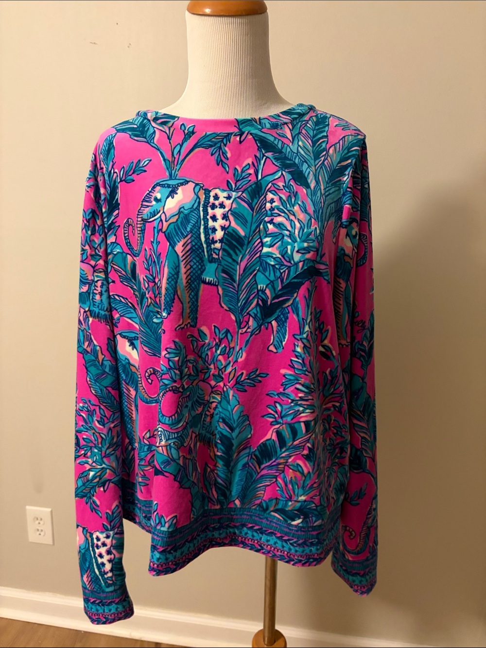 Lilly Pulitzer Pink & Teal Elephant Print Long-Sleeve Top Velour